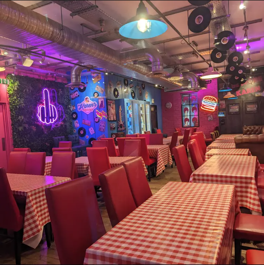 Karen's Diner in Angel London, vibrant retro event space with checkered tablecloths.