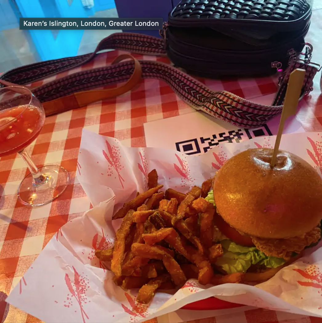 Karen's Diner in London with colorful tablecloth, ideal for casual networking events.