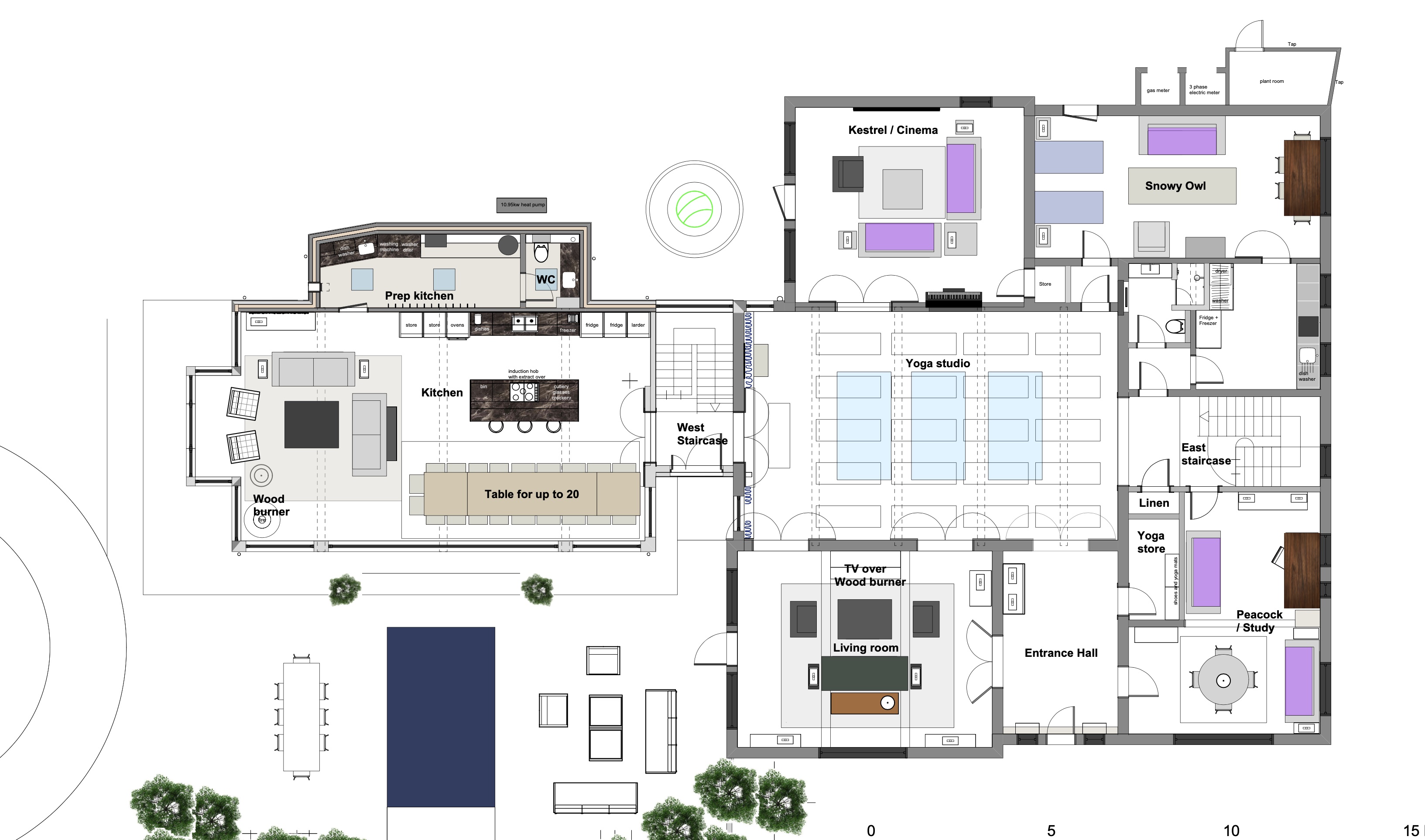 Versatile meeting venue floor plan with indoor and outdoor areas for events in Riversdale Lodge.