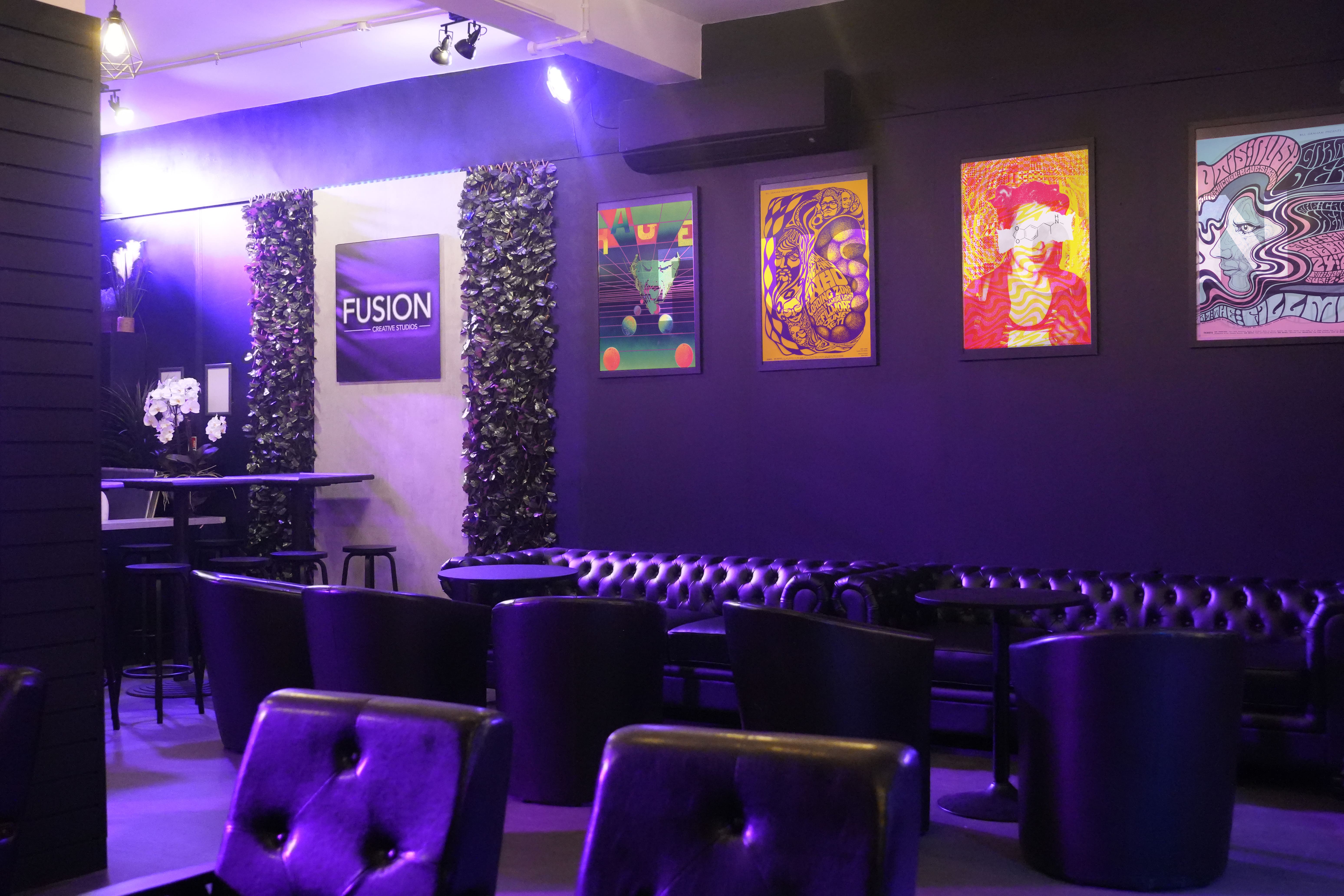 Stylish event space at Fusion Creative Studios, perfect for cocktail receptions and meetings.