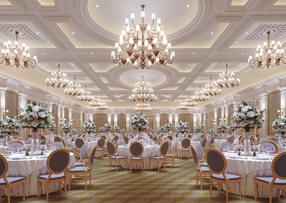 Elegant banquet hall in Raffles OWO, perfect for weddings and upscale events.