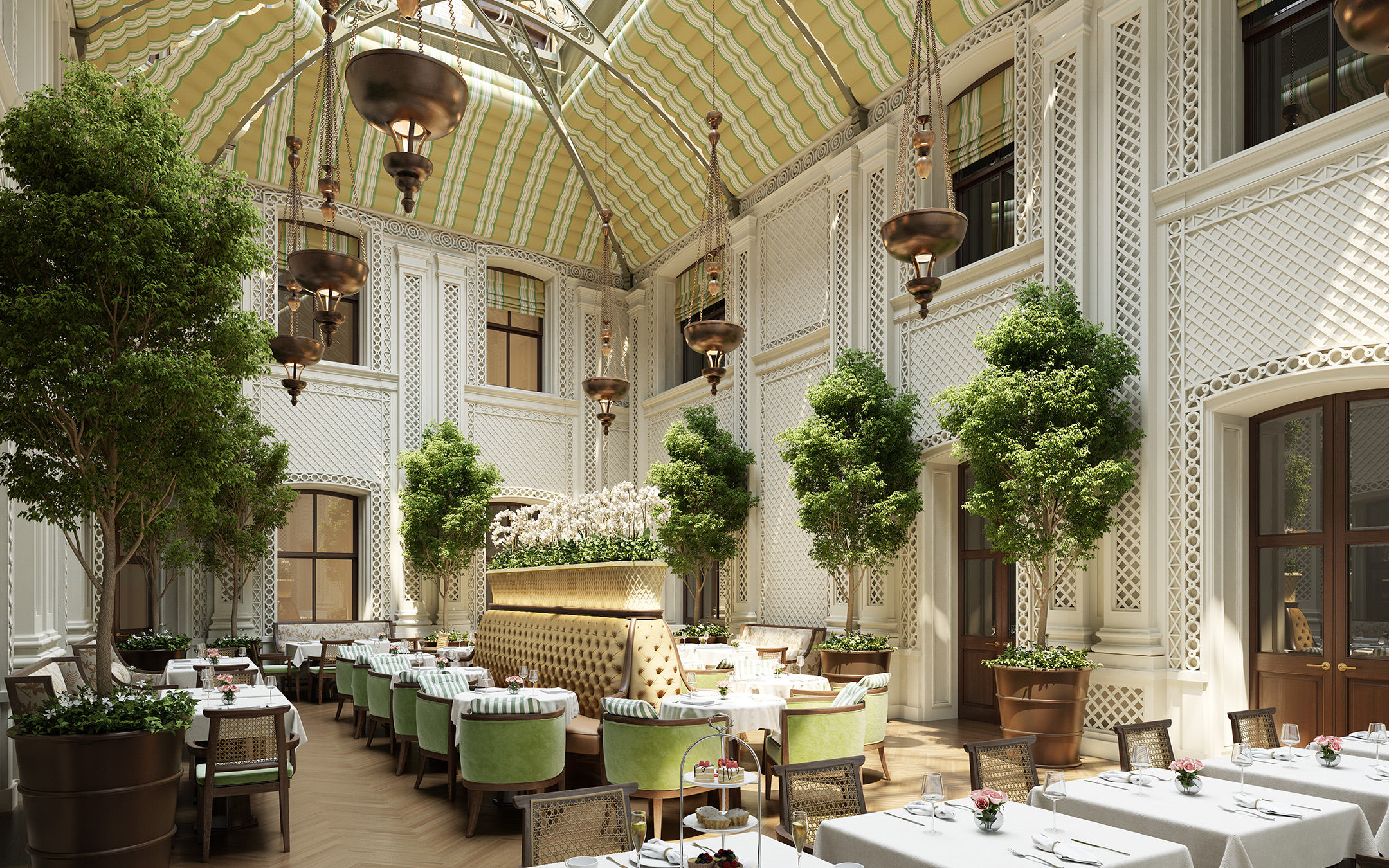Elegant event space in Raffles OWO with high ceilings, perfect for upscale gatherings.