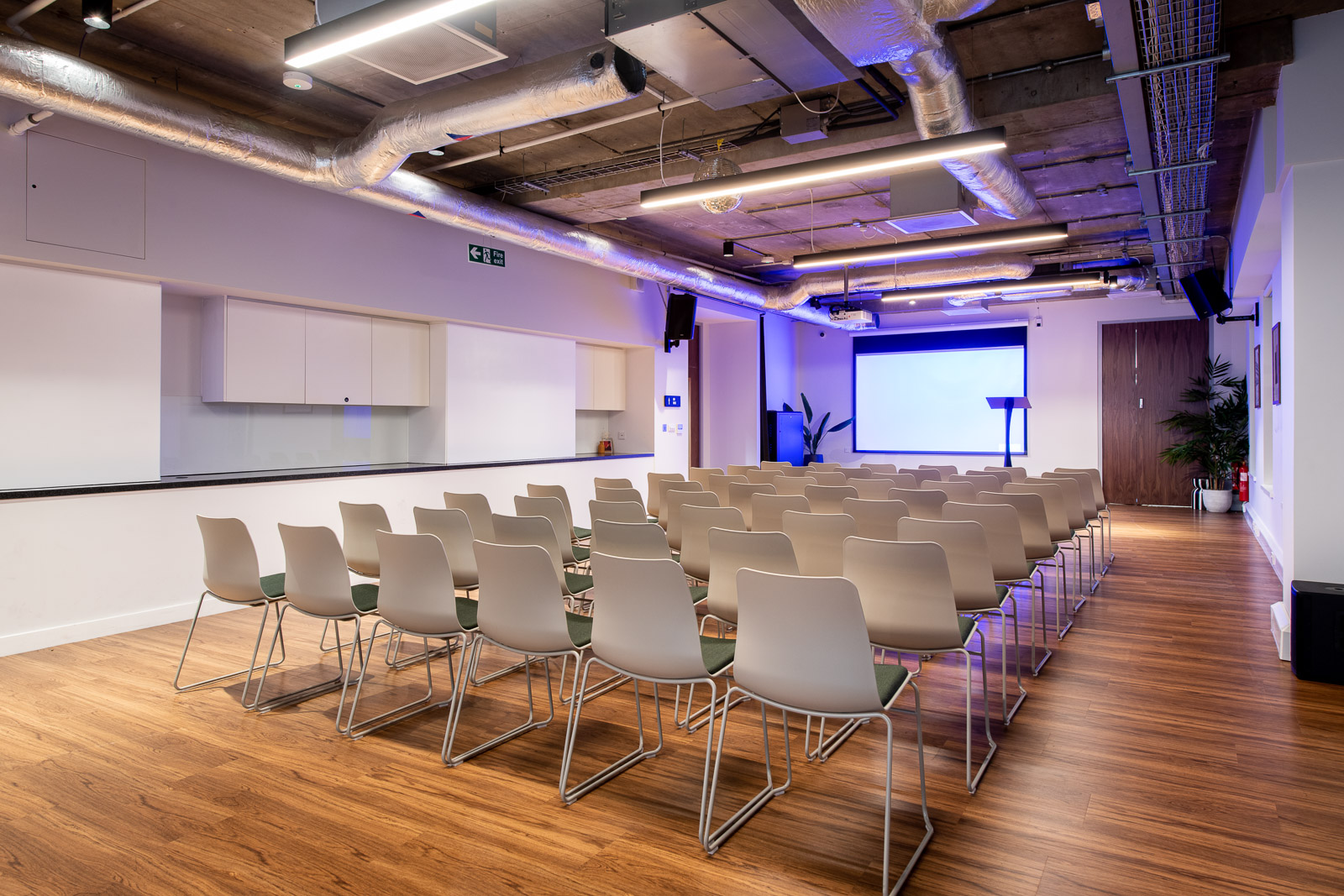 Modern event space with sleek chairs for presentations in Runway East Bloomsbury.