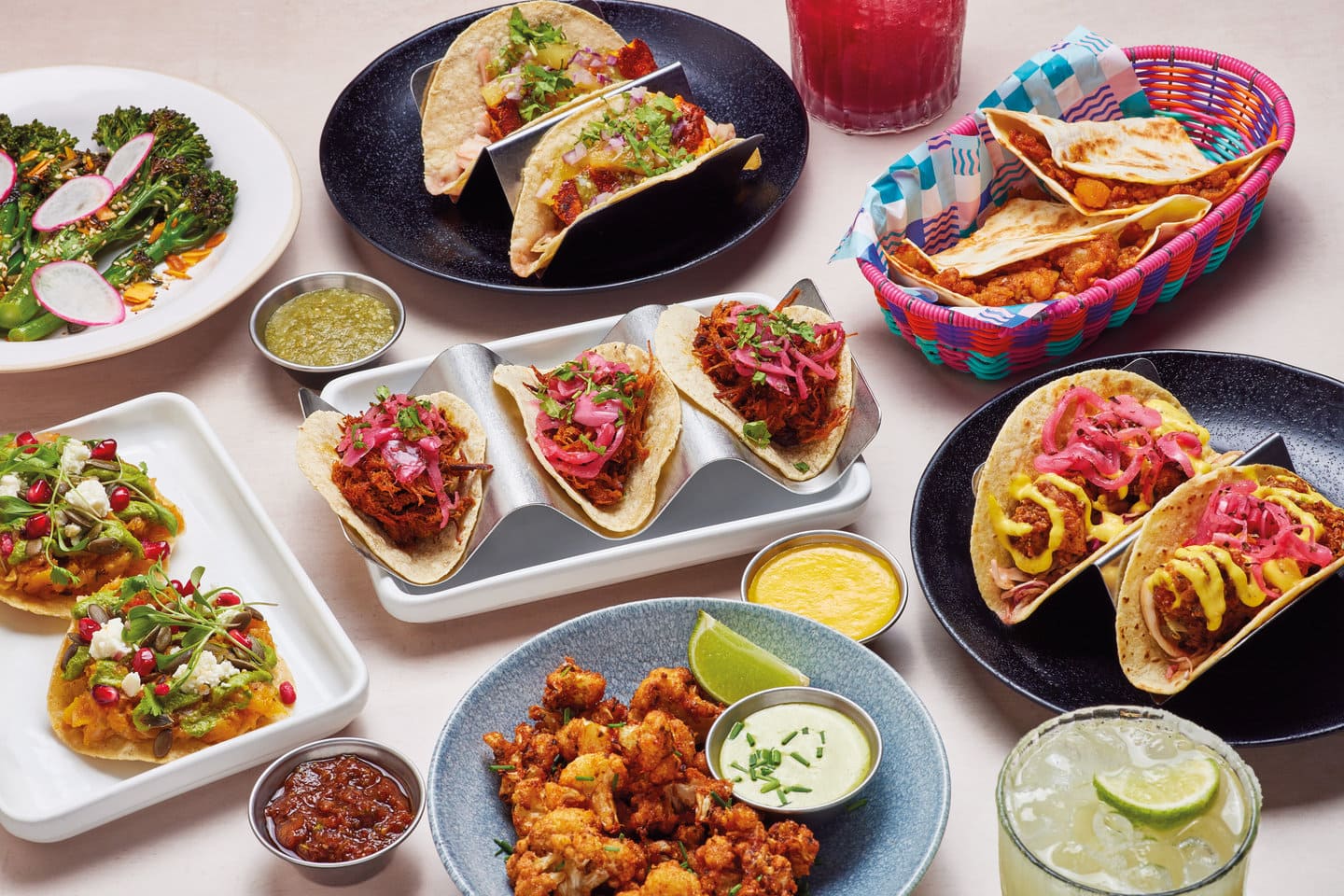 Vibrant taco spread at WAHACA SOUTHBANK for casual networking events.