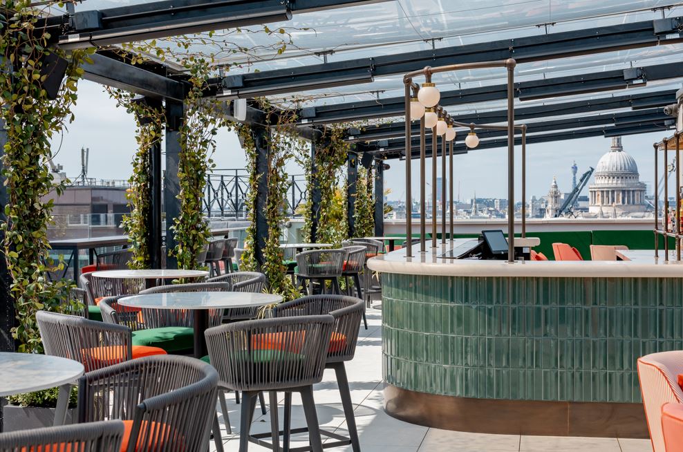Stylish rooftop venue with greenery and city views for events in Wagtail London.