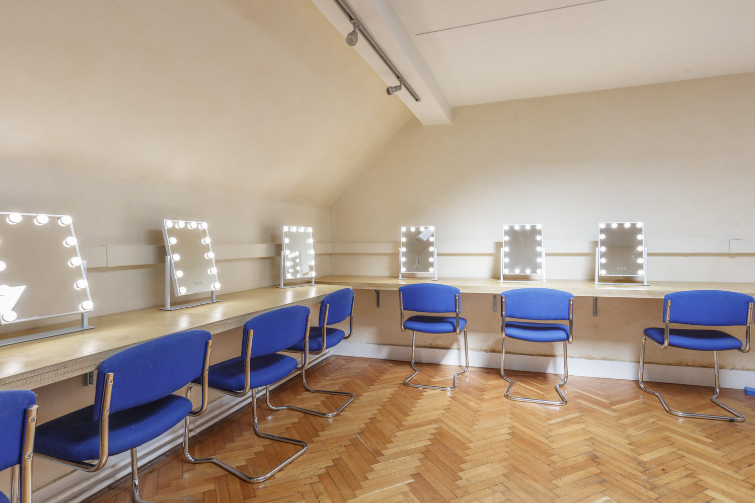 Marylebone Theatre dressing room with vanity mirrors, ideal for event preparations.
