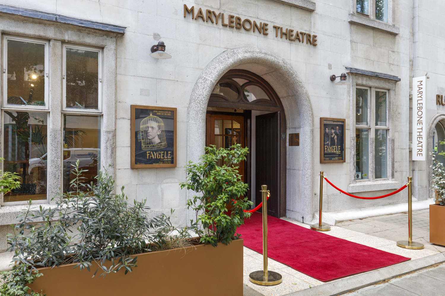 Marylebone Theatre entrance with red carpet, ideal for events and performances.