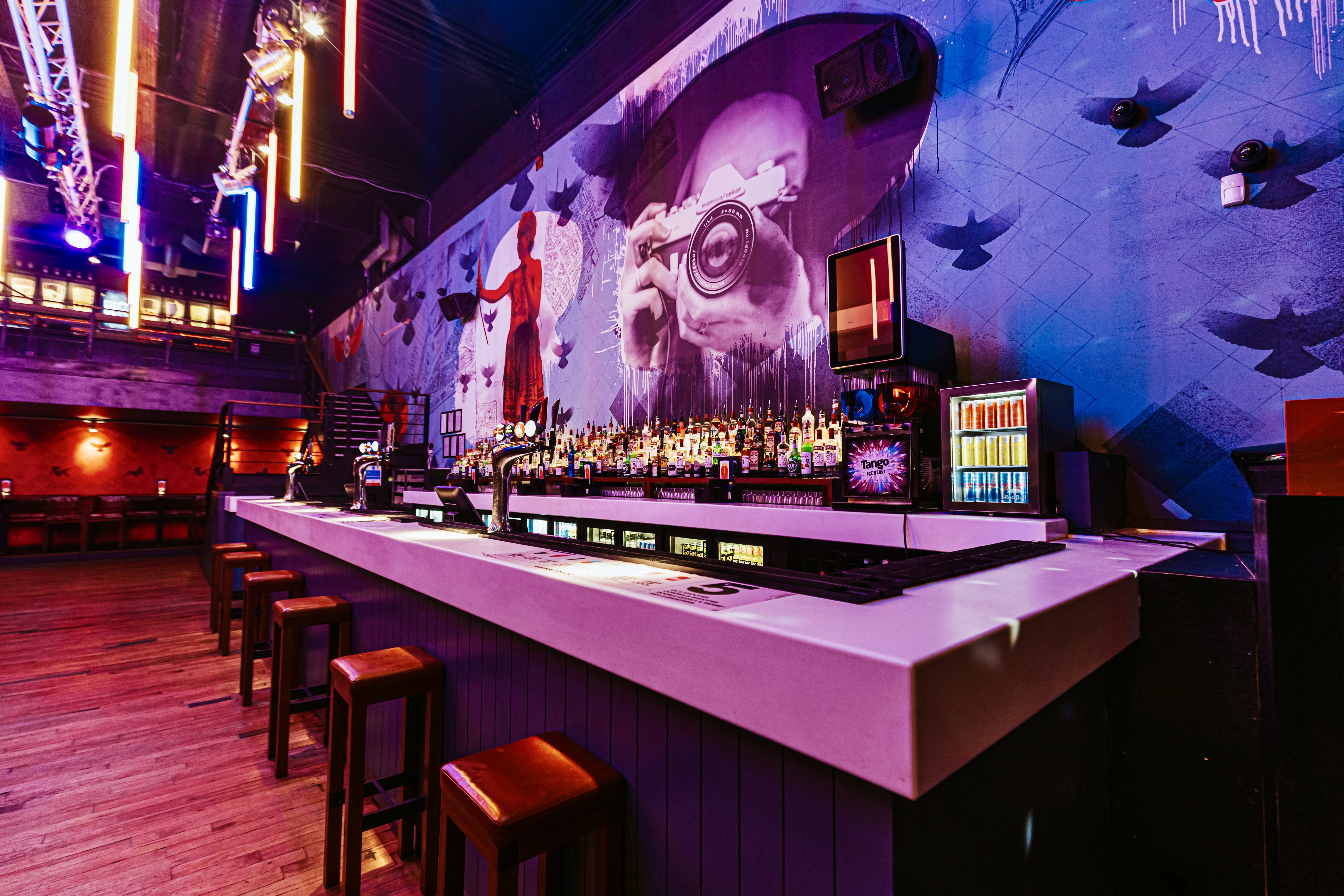 Vibrant Baa Bar venue in Nottingham with striking mural, ideal for social events.