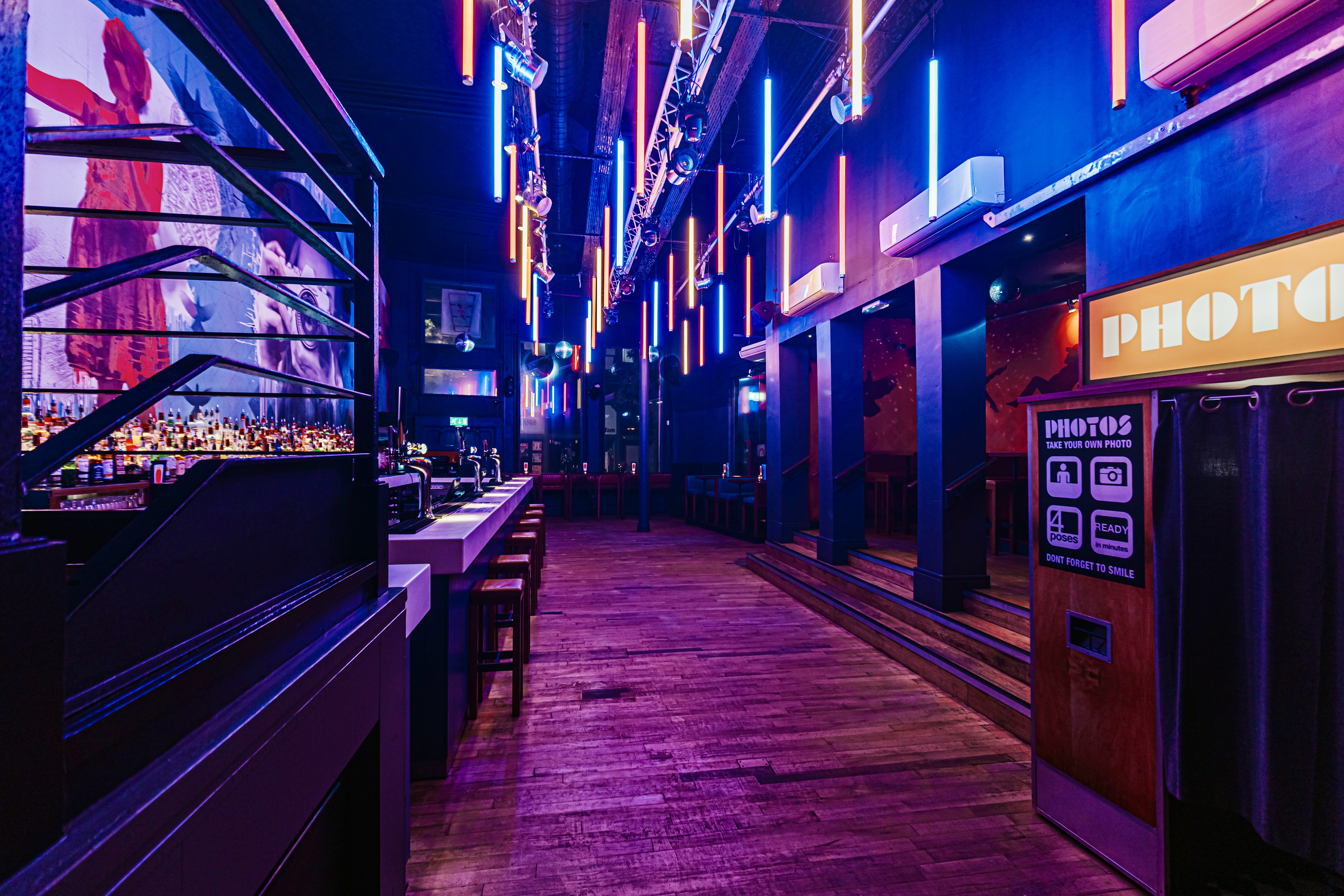 Vibrant Baa Bar venue in Nottingham with dynamic lighting for lively events and parties.