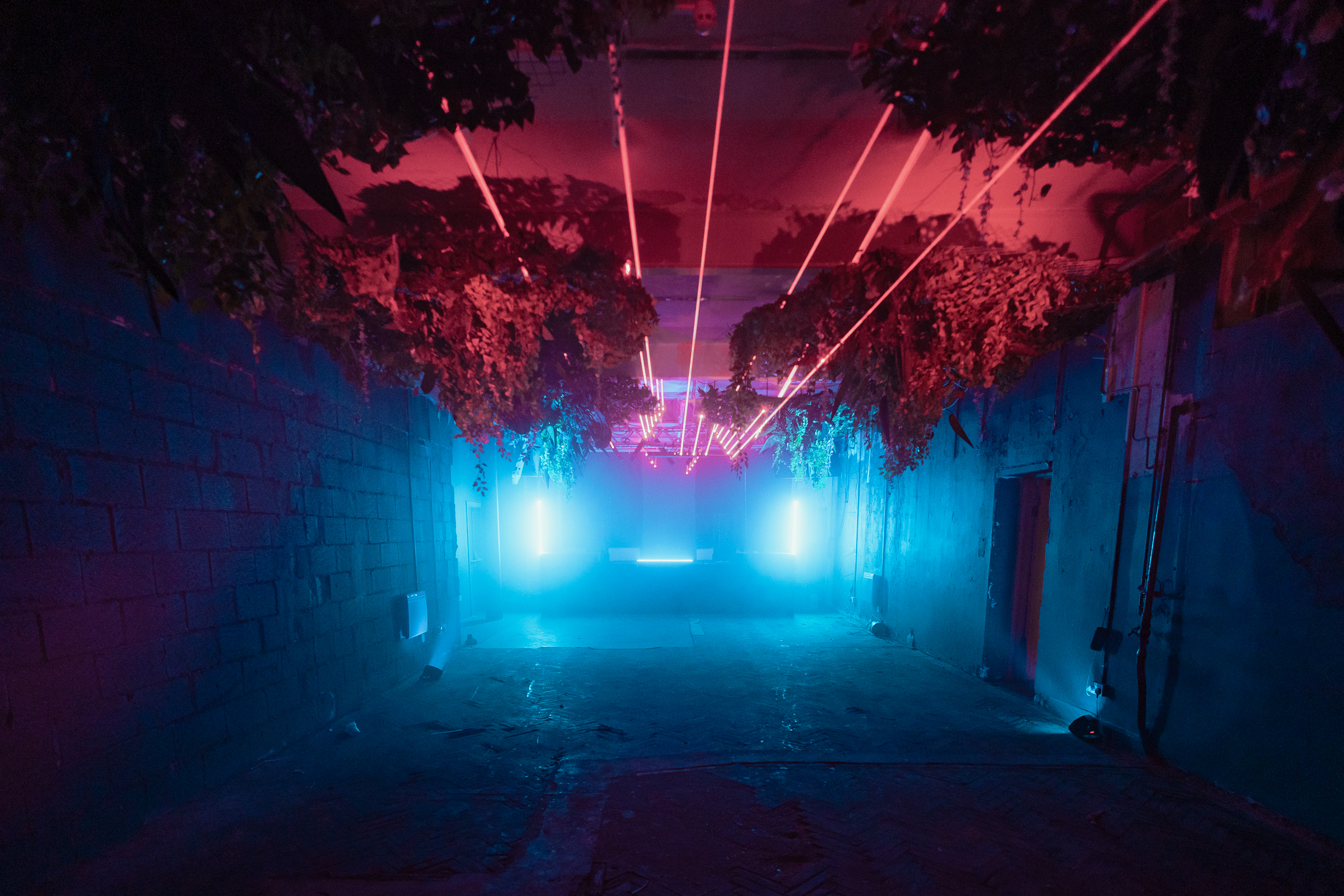 Vibrant Hot House event space with neon lights and lush greenery for creative parties.