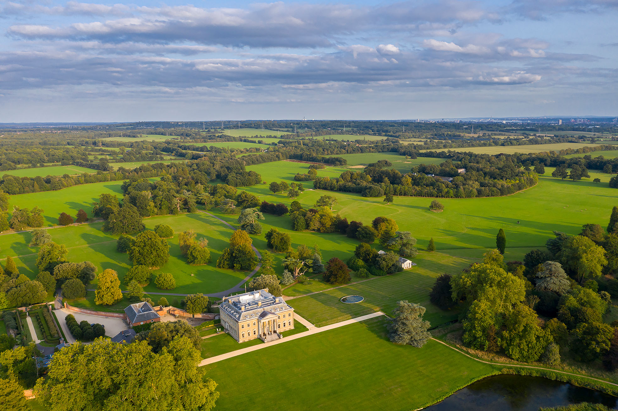 Broadlands Park estate with elegant architecture, perfect for upscale events and meetings.