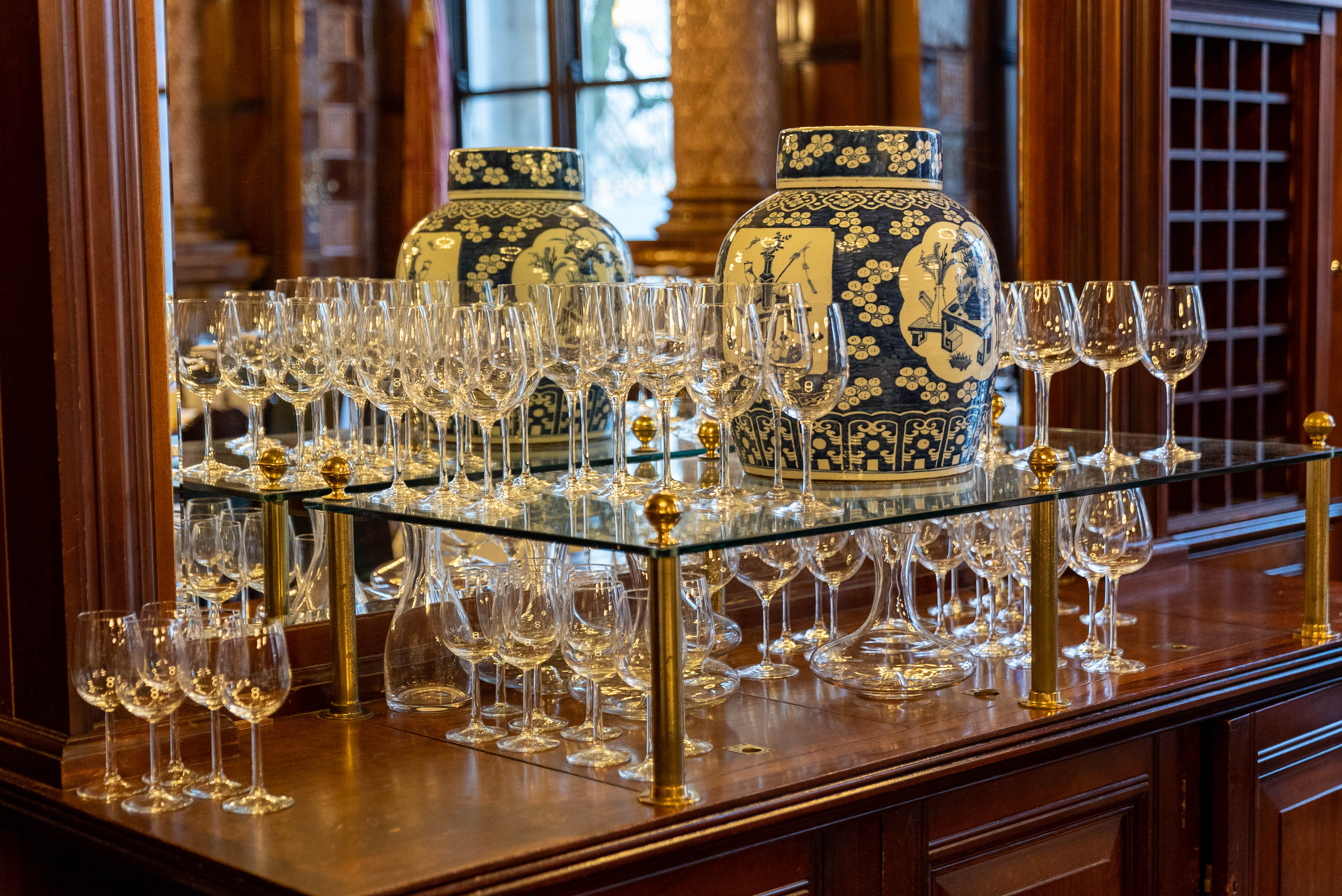 Elegant crystal glassware in the Smoking Room at The National Liberal Club for sophisticated events.