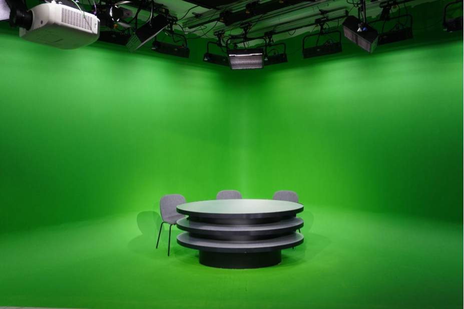 Great West Studio green screen setup for hybrid events and virtual meetings.