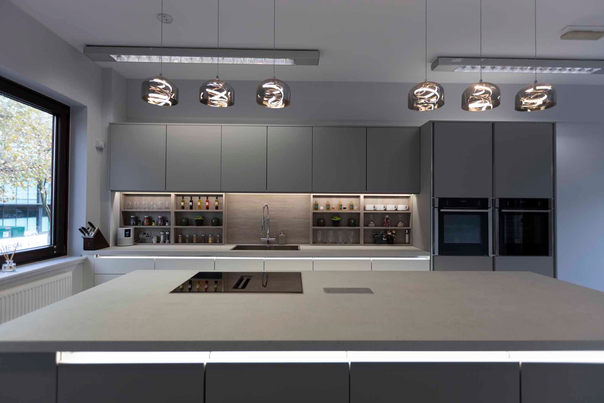 Modern kitchen with sleek design for culinary events and workshops.