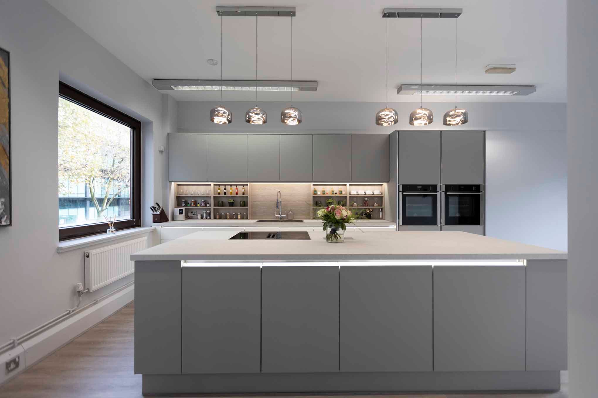 Modern kitchen space with sleek design for culinary events and gatherings.