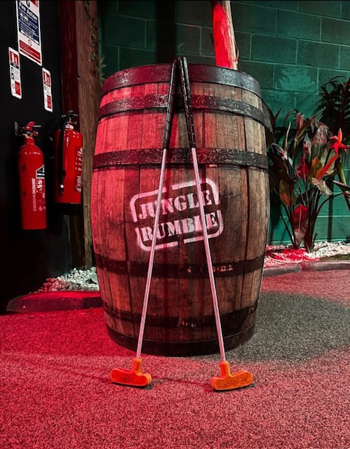 Rustic Jungle Rumble barrel in Birmingham, ideal for team-building events and immersive experiences.