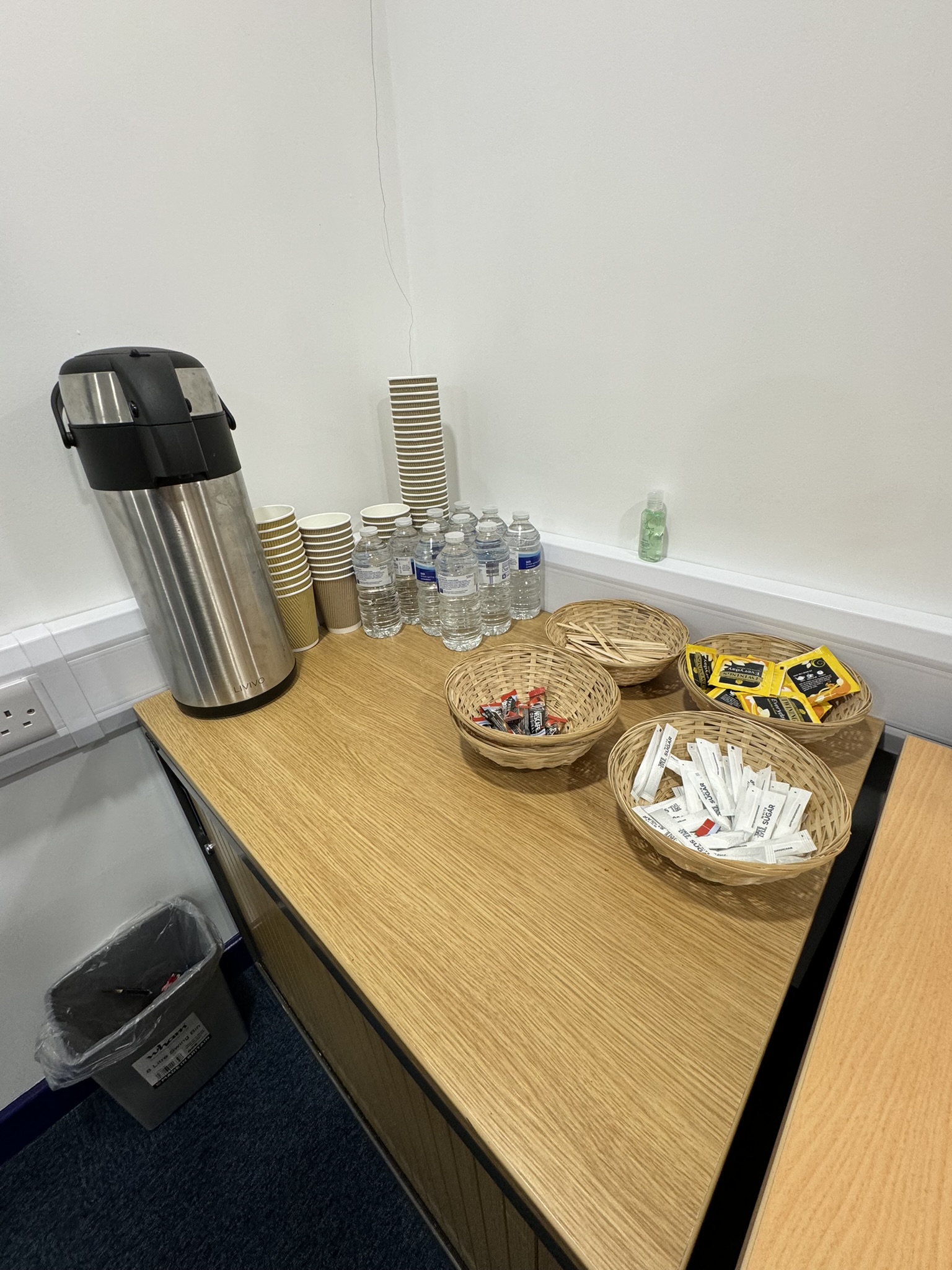 Refreshment station at UK Training Centre with coffee, snacks for events and meetings.
