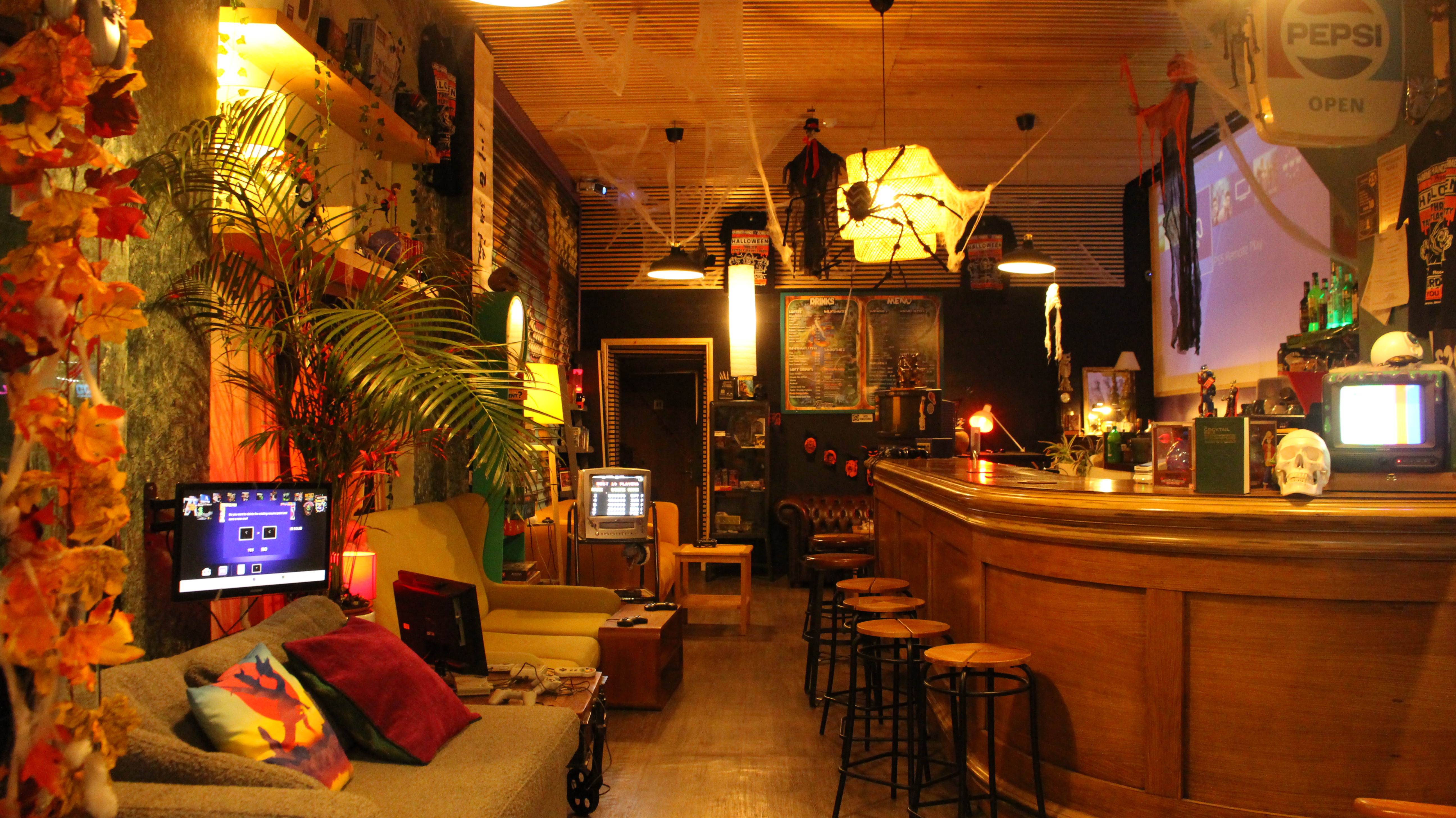 Vibrant Zombie Games Cafe with cozy seating for social events and meetings.