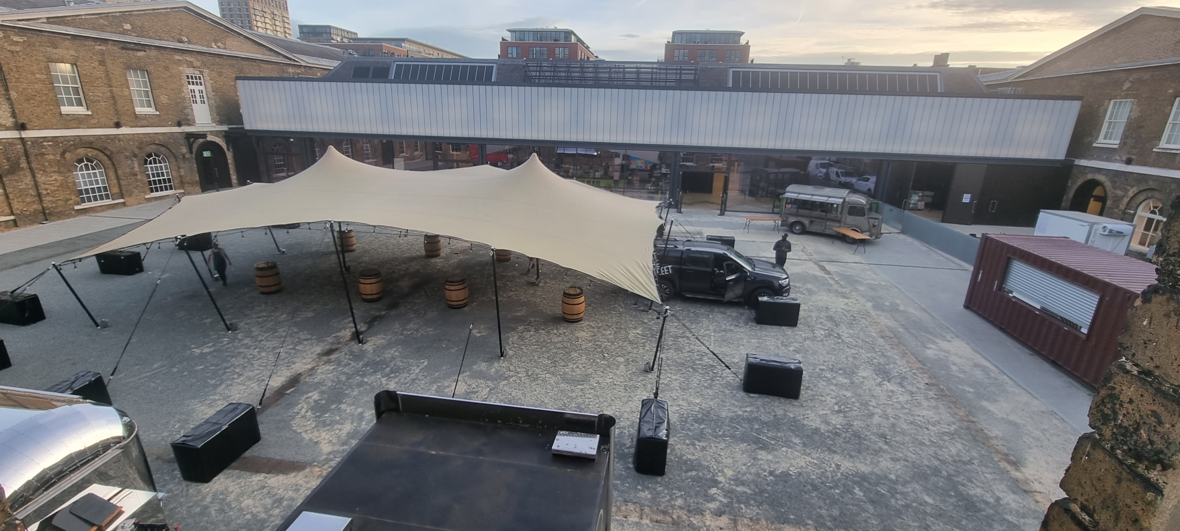 Versatile outdoor event space with elegant tent in Woolwich Works for corporate and social events.