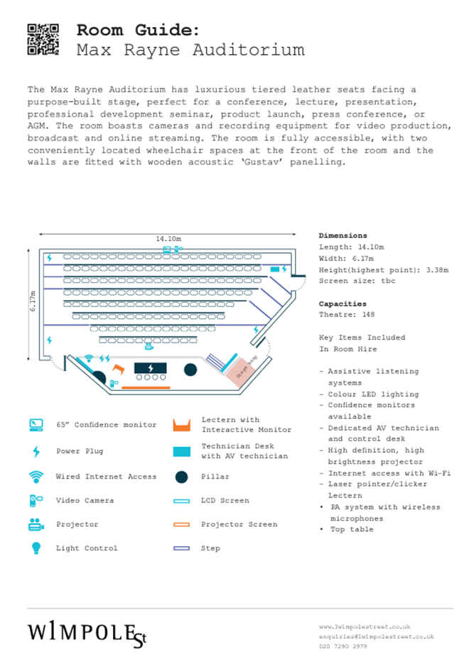 Max Rayne Auditorium floor plan, theater-style seating for professional events, 148 capacity.