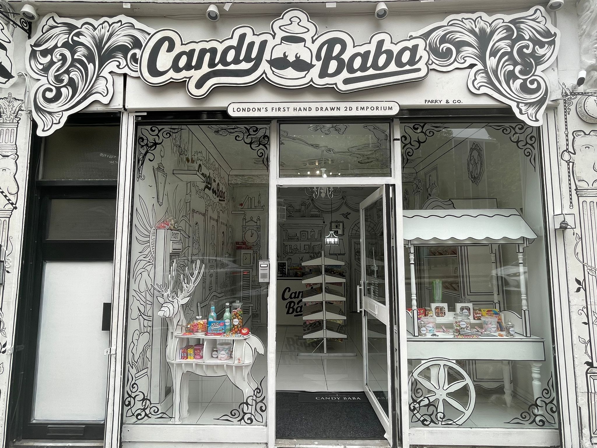 Charming Candy Baba storefront with whimsical decor for unique events and workshops.