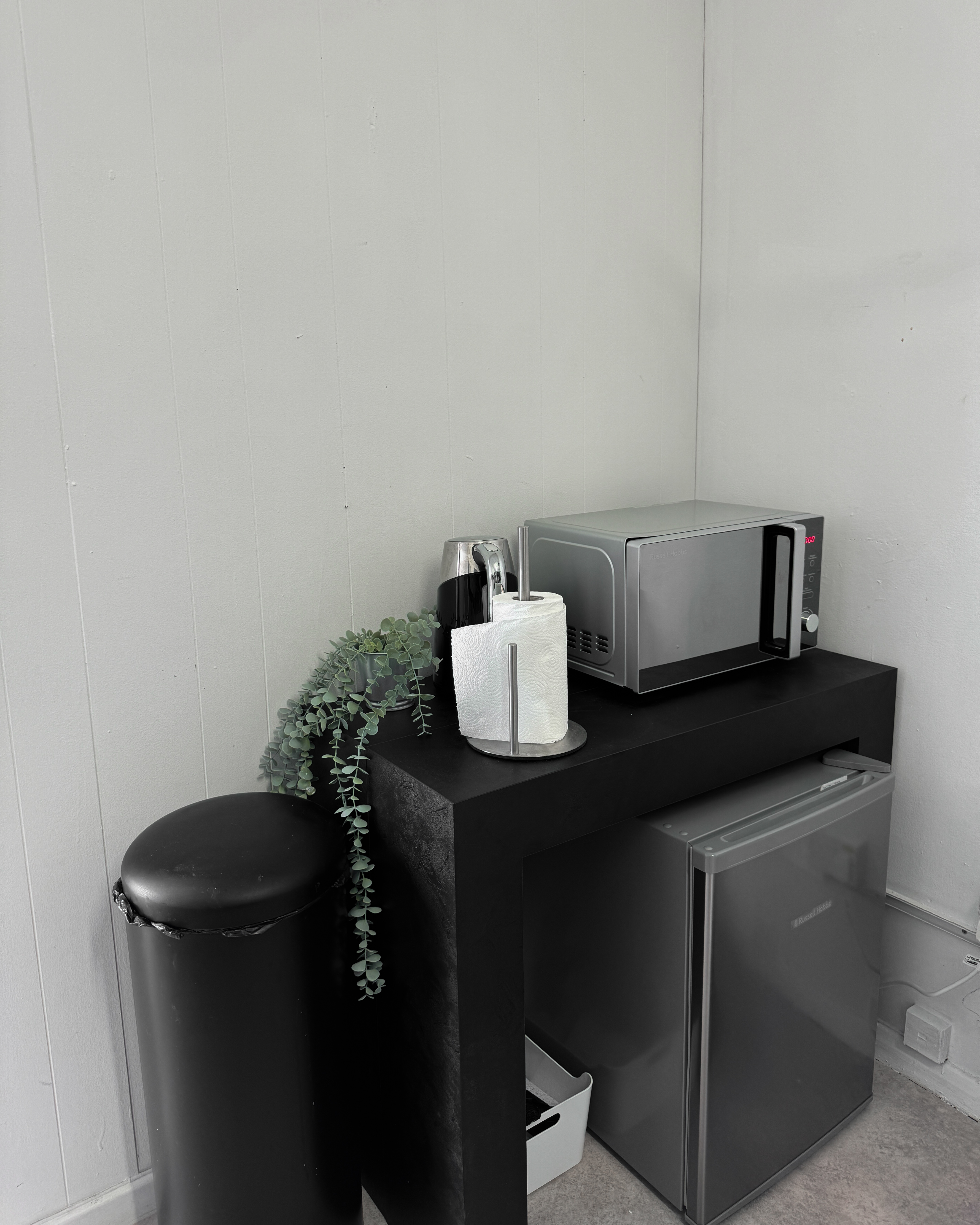 Content Studio refreshment station with microwave and kettle for events and meetings.