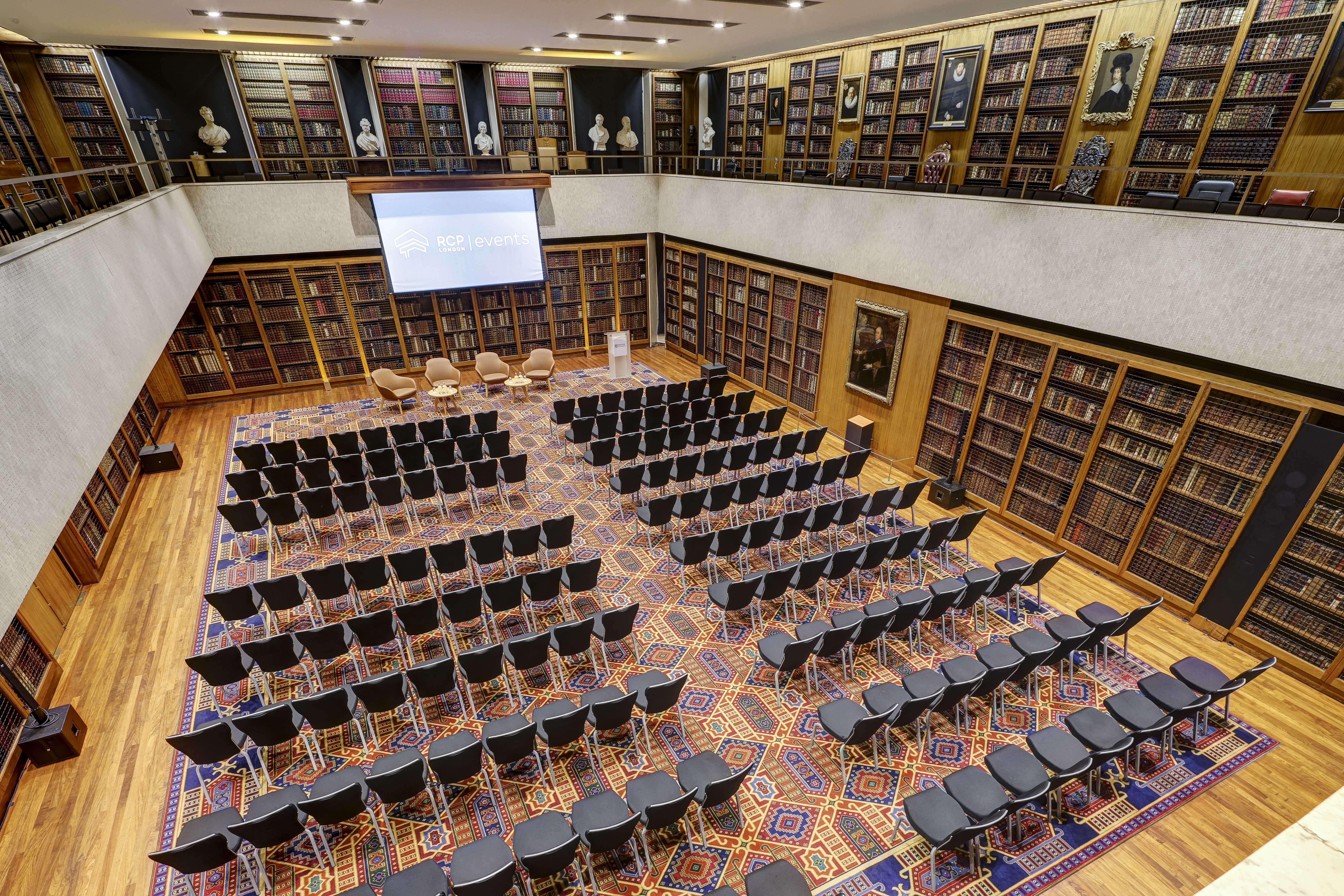 Dorchester Library event space with elegant wooden shelves, ideal for conferences and seminars.