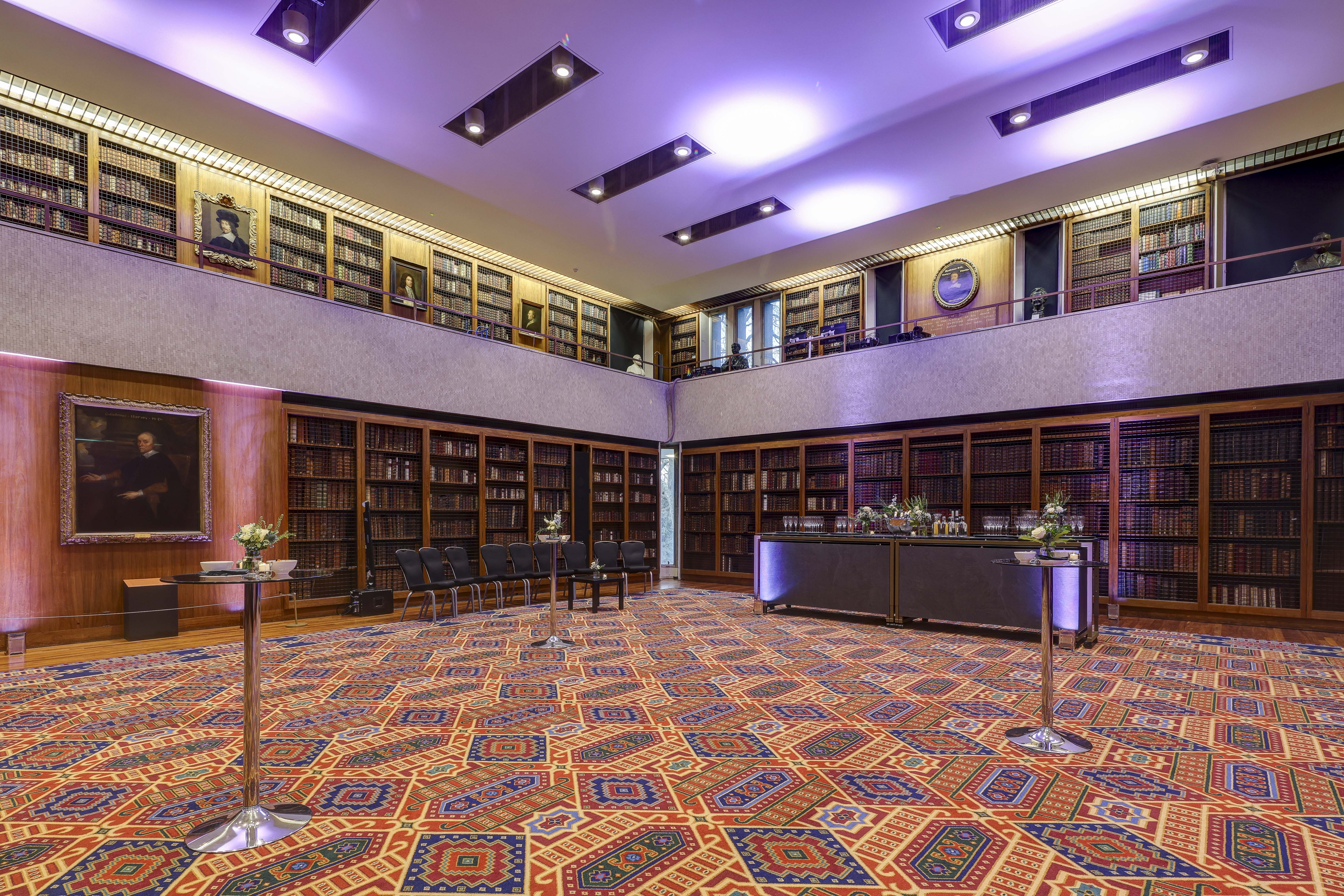 Dorchester Library event space with elegant bookshelves, perfect for corporate meetings and gatherings.