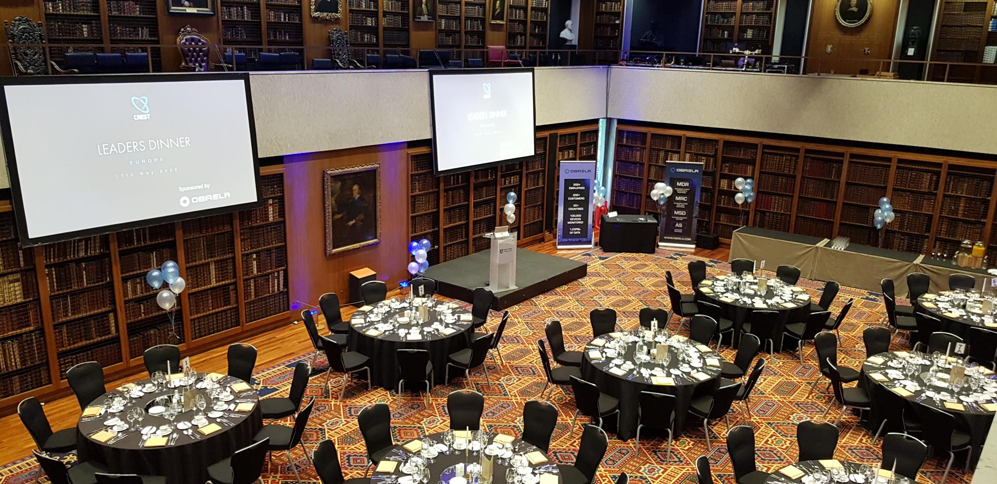 Dorchester Library event space with elegant tables, ideal for formal dinners and presentations.