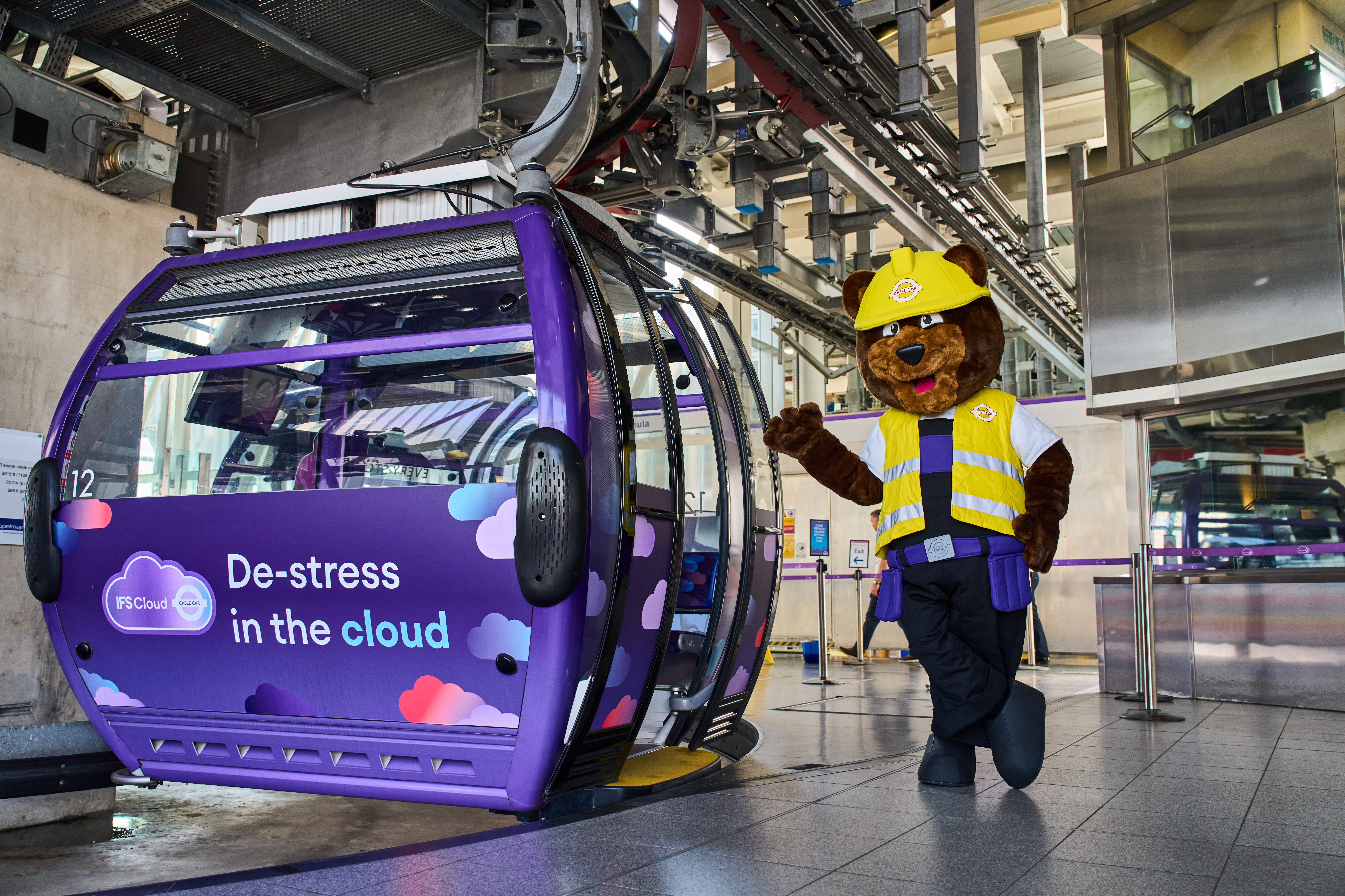 Main Hall London Cable Car station with mascot, unique venue for events and engagement.