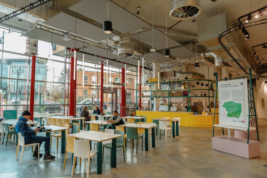 Modern event space at Dugdale Arts Centre with natural light, ideal for meetings and networking.