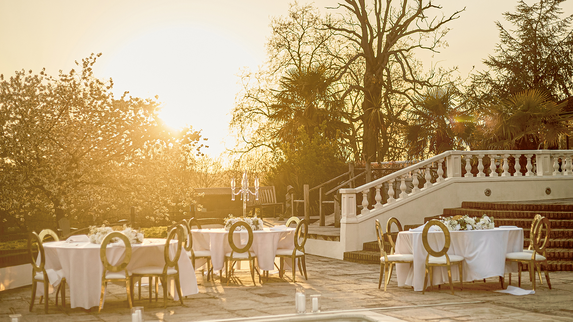 Elegant outdoor event space at The Villa Mansion, perfect for weddings and upscale gatherings.