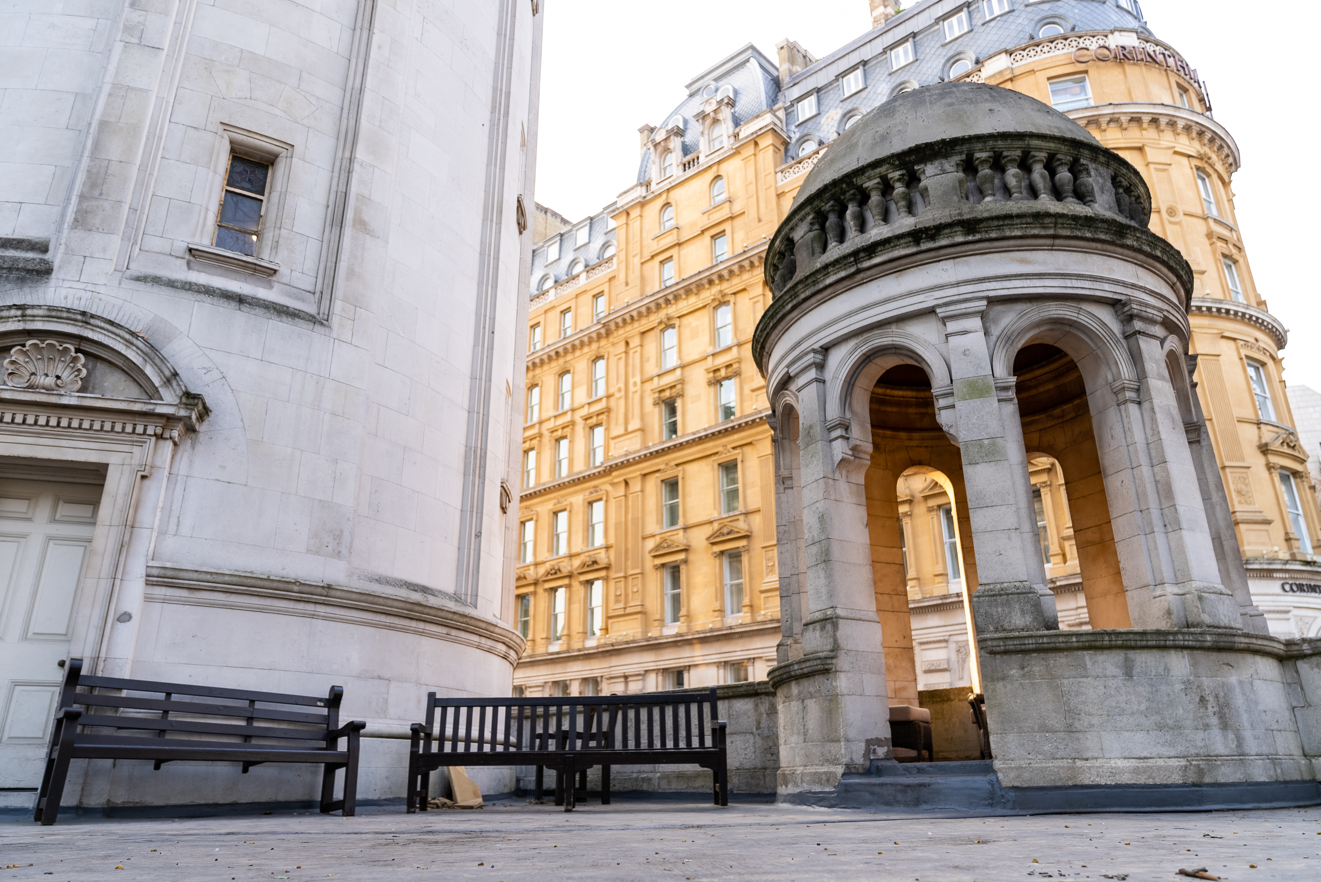 Charming outdoor terrace with gazebo, perfect for networking events at National Liberal Club.
