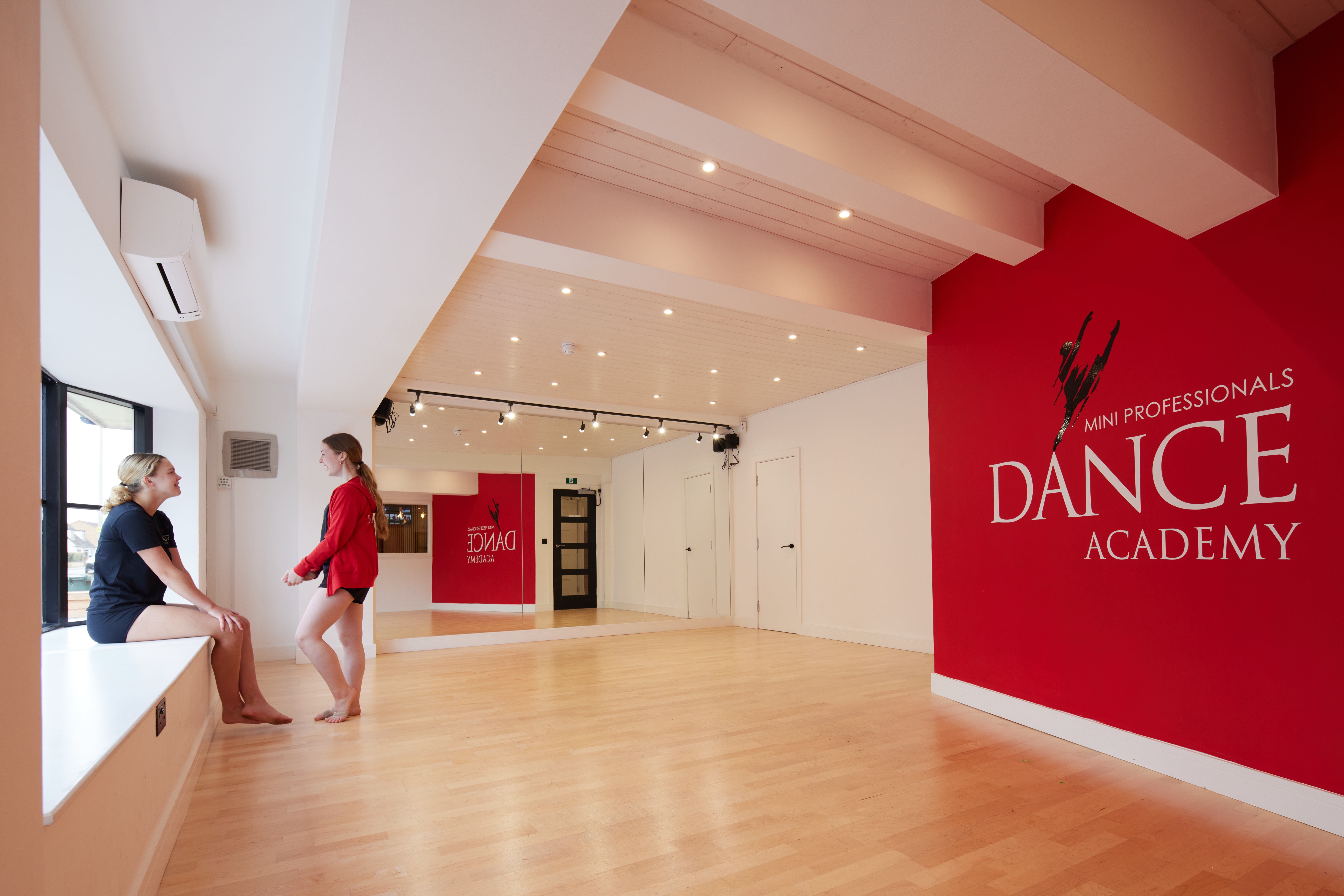 Bright modern dance studio with natural light for workshops and events.