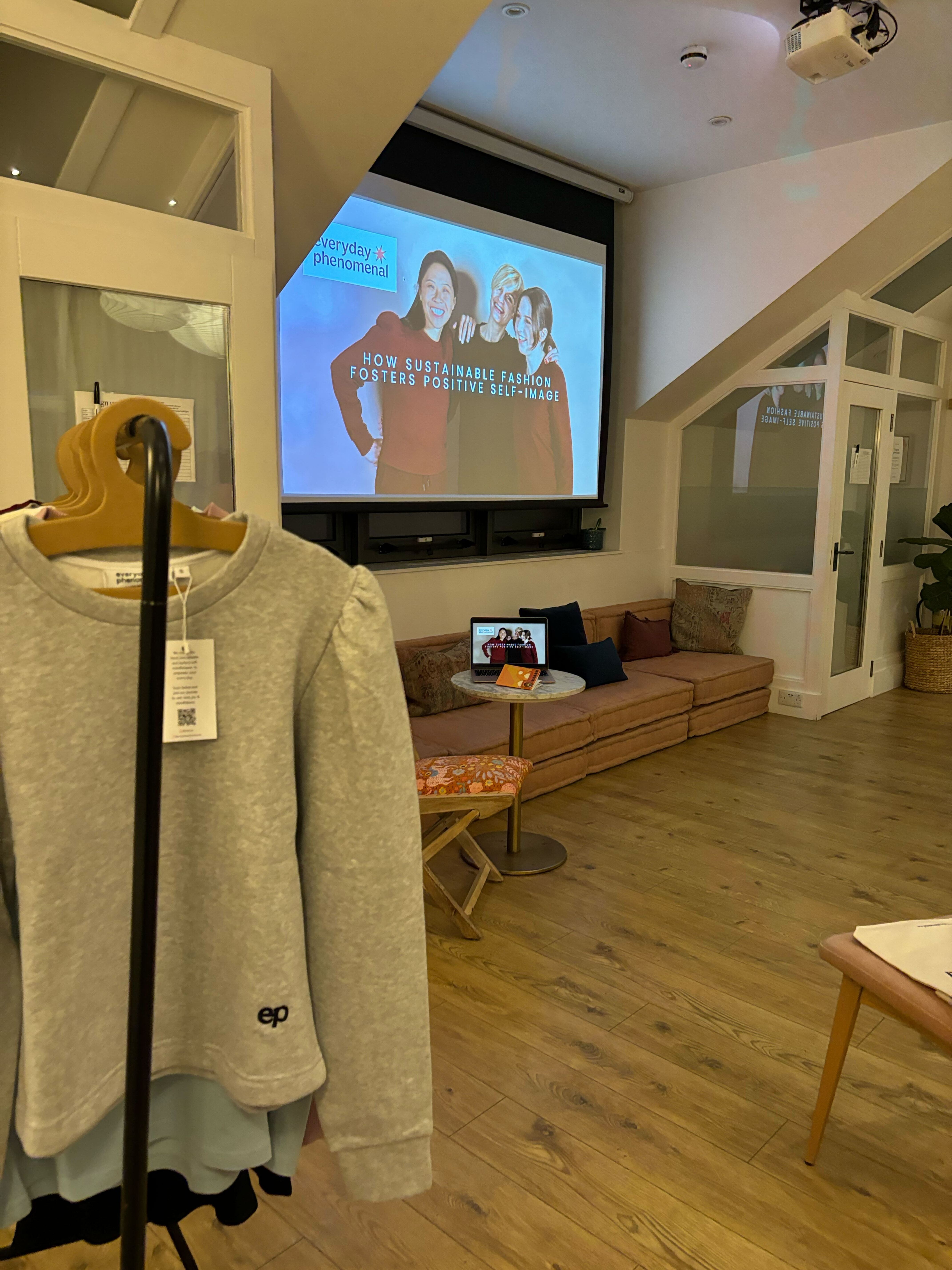 Cozy event space in The Hearth for sustainable fashion workshops and seminars.