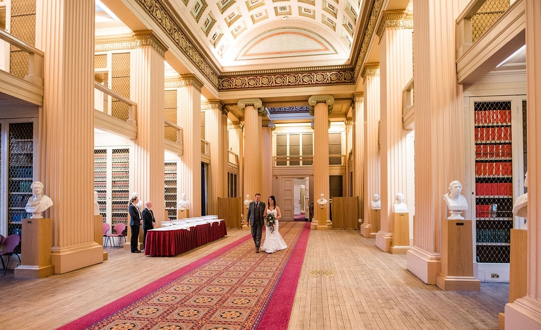Playfair Library Hall with elegant columns, ideal for upscale weddings and meetings.