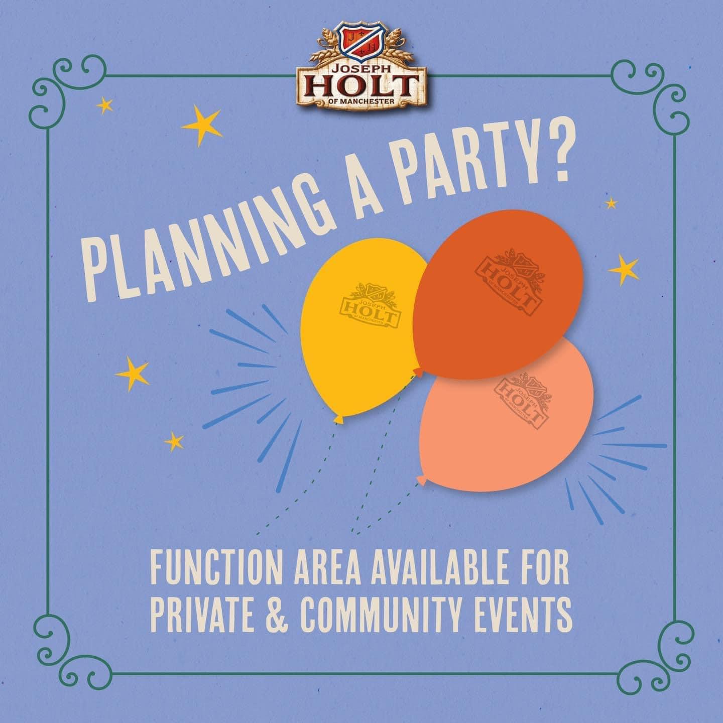 Vibrant promotional graphic for party venue at The Bowling Green with colorful balloons.