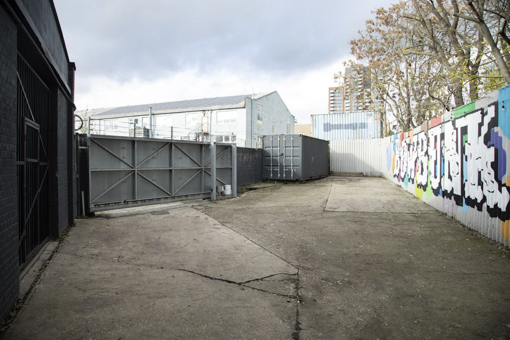 Outdoor venue in Bow Bunker, East London with industrial backdrop for creative events.