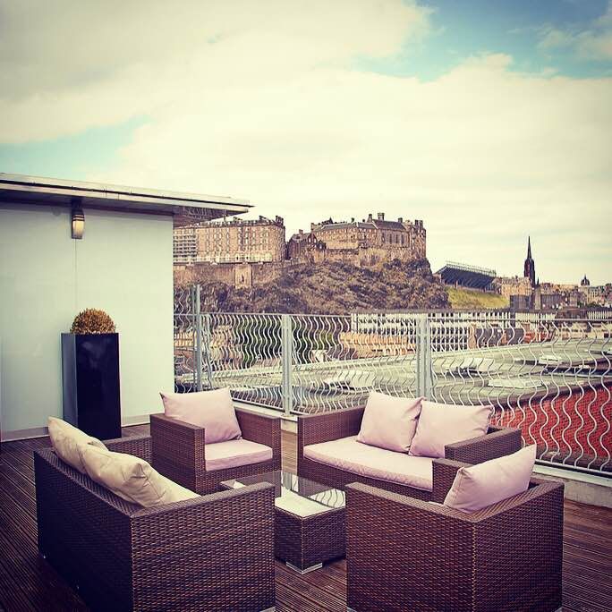 Rooftop terrace at DoubleTree by Hilton Edinburgh, ideal for outdoor receptions and networking.