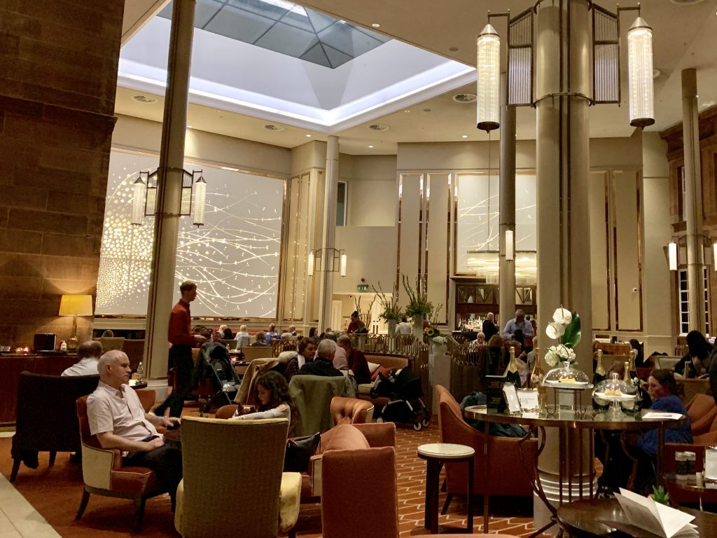 Peacock Alley lobby at Waldorf Astoria Edinburgh, ideal for networking and meetings.
