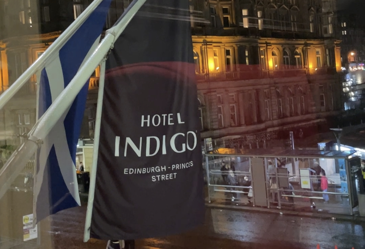 Hotel Indigo Edinburgh exterior, illuminated facade, ideal for events and networking.