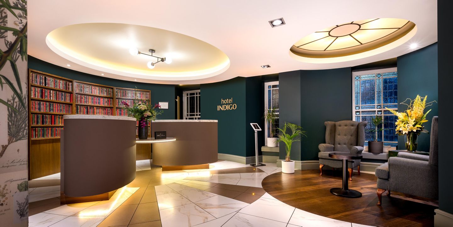 Stylish Hotel Indigo Edinburgh lobby with modern design, perfect for events and meetings.