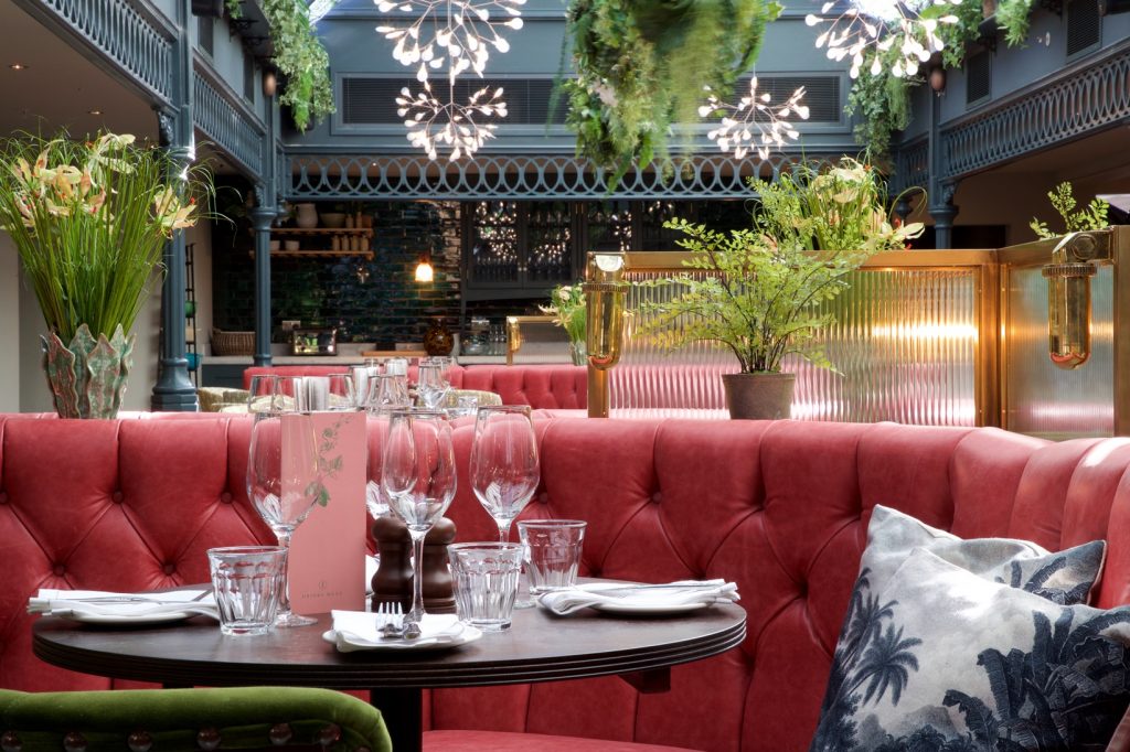 Stylish Brasserie Blanc restaurant with plush seating for intimate events and meetings.