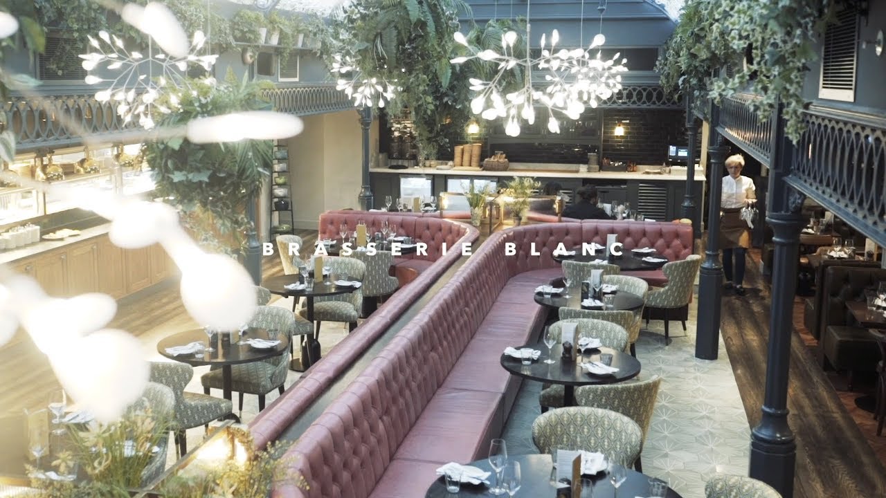 Stylish Brasserie Blanc restaurant with plush seating for corporate events and meetings.