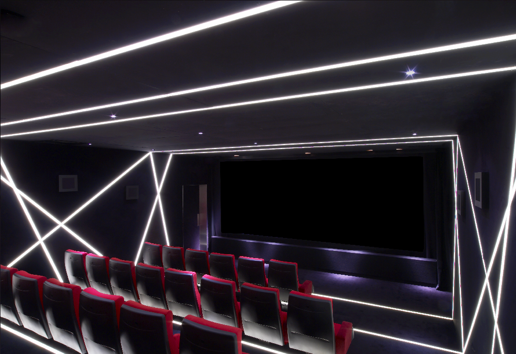 Modern Screening Room in W London with tiered seating for events and presentations.