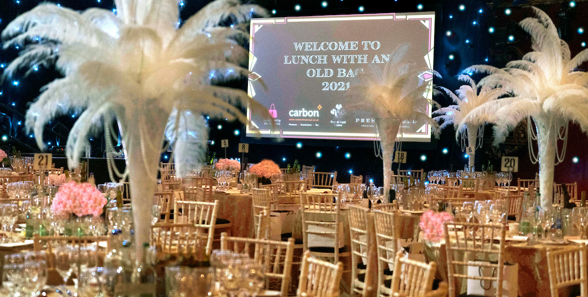 Prestonfield Stables Ballroom banquet setup with gold accents for Lunch with an Old Band 2023.
