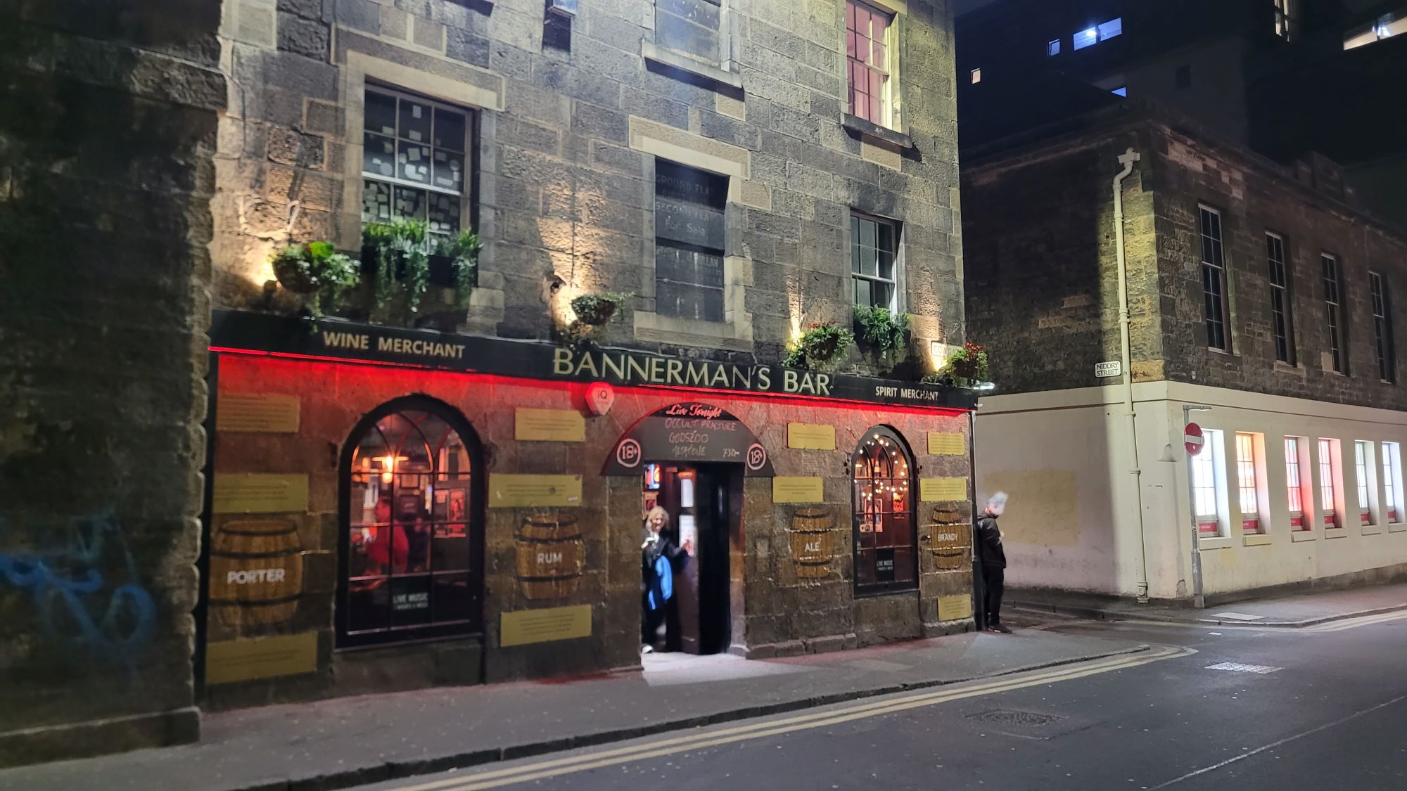 Bannerman's Bar exterior with warm lighting, perfect for networking events and gatherings.