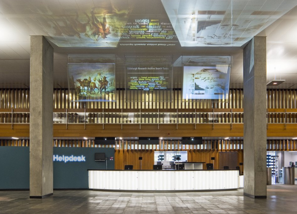 Modern event space at University of Edinburgh with sleek helpdesk, ideal for conferences.