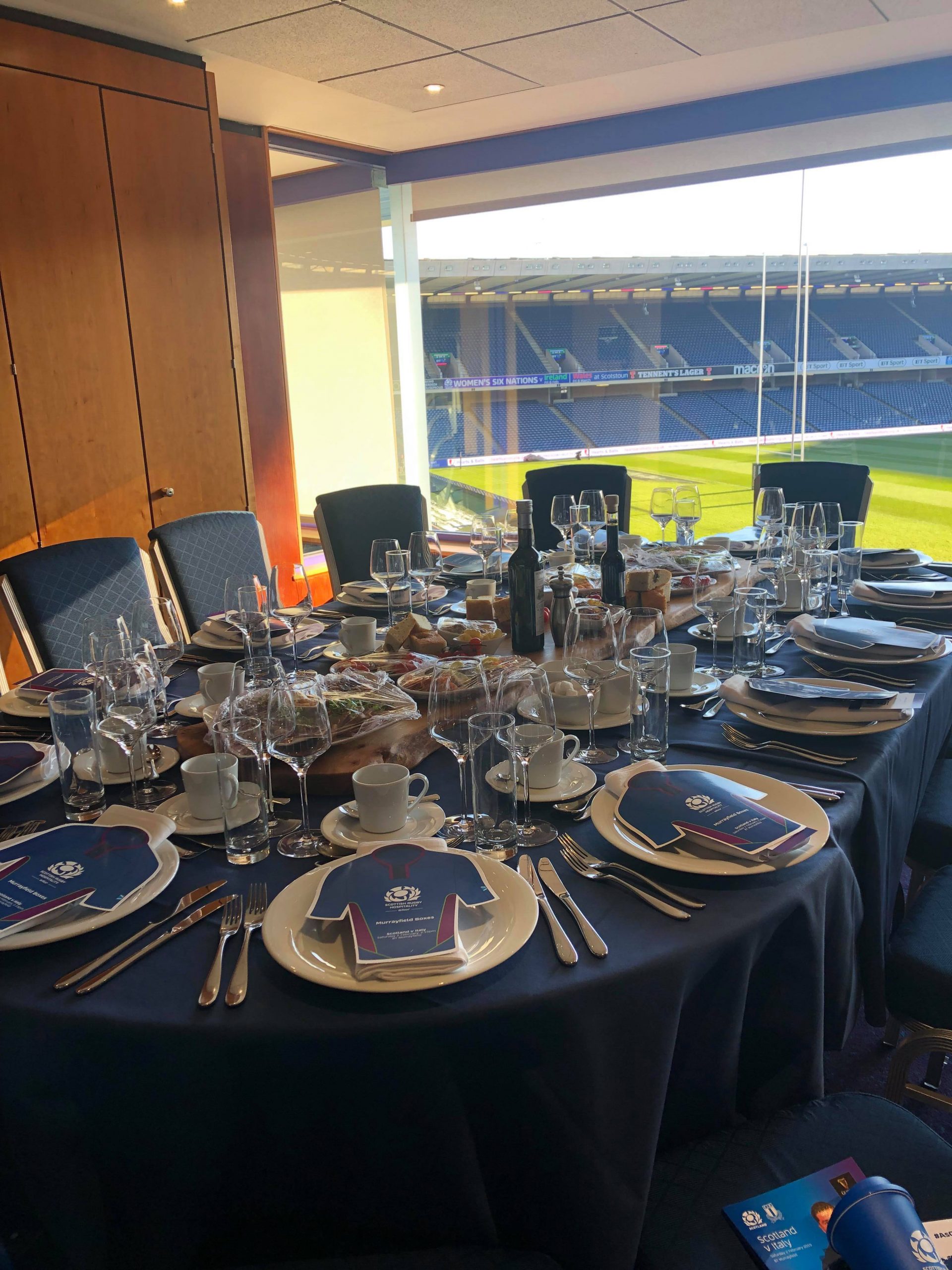 Executive Boxes in Scottish Rugby Hospitality with elegant dining setup for corporate events.