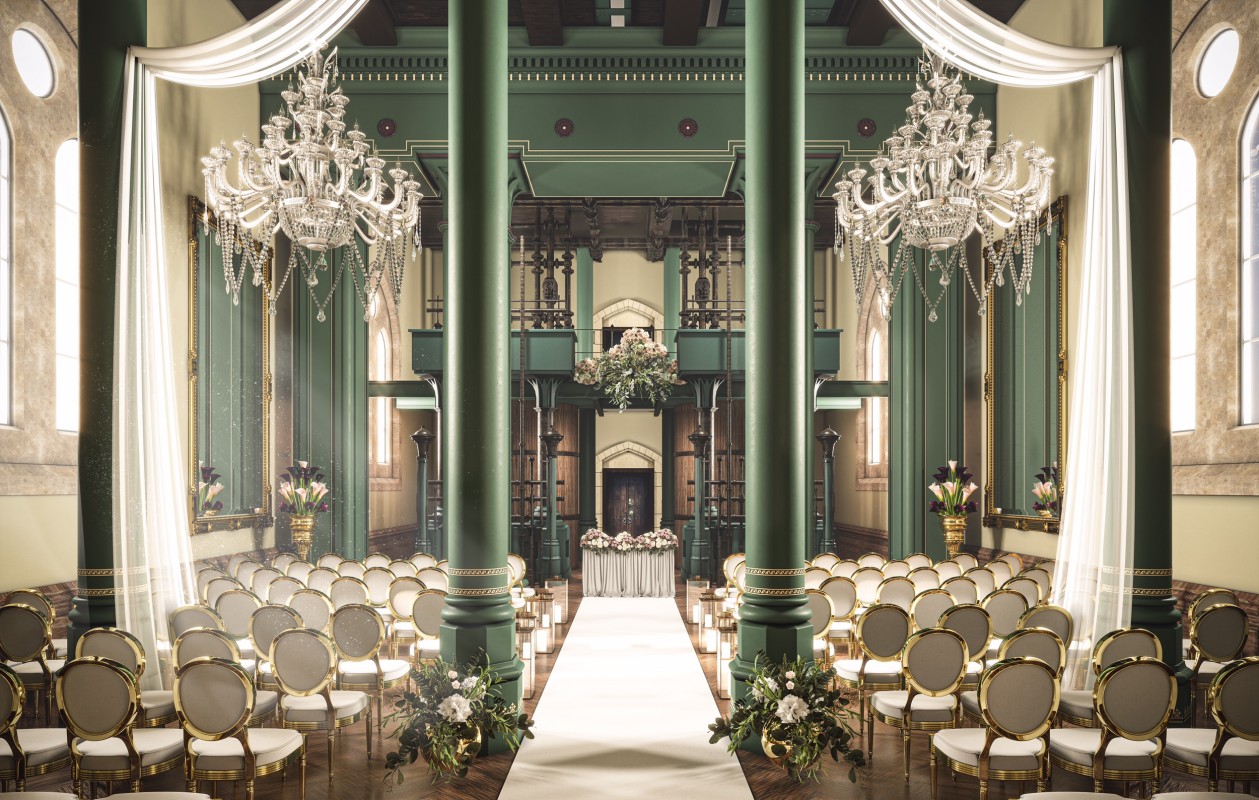 Bridal Suite at Dalton Old Pump House with elegant chandeliers, perfect for weddings.